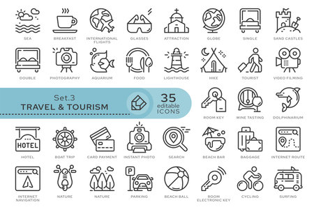 Set of conceptual icons. Vector icons in flat linear style for web sites, applications and other graphic resources. Set from the series - Travel and Tourism. Editable outline icon.のイラスト素材