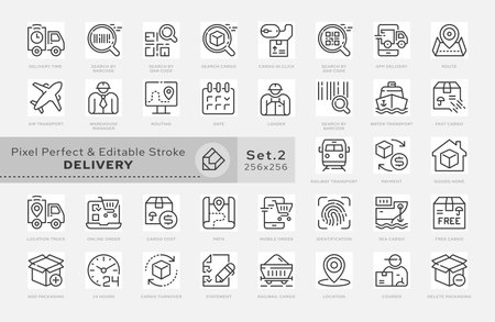 Outline icons set. Concept - Delivery and Logistics. Vector. Pixel grid and editable stroke. Scaling to 64 px, 128 px. Vector.のイラスト素材