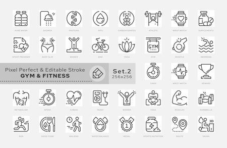 Outline icons set. Concept - GYM and Fitness. Vector. Pixel grid and editable stroke. Scaling to 64 px, 128 px. Vector.のイラスト素材