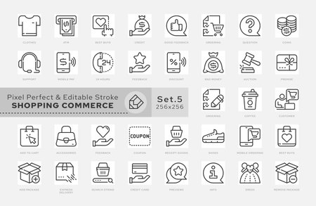 Outline icons set. Concept - Shopping Commerce. Vector. Pixel grid and editable stroke. Scaling to 64 px, 128 px. Vector.のイラスト素材