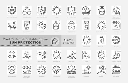 Outline icons set. Concept - Sun protection. Vector. Pixel grid and editable stroke. Scaling to 64 px, 128 px. Vector.のイラスト素材