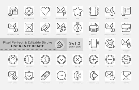 Outline icons set. Concept - User Interface. Vector. Pixel grid and editable stroke. Scaling to 64 px, 128 px. Vector.のイラスト素材