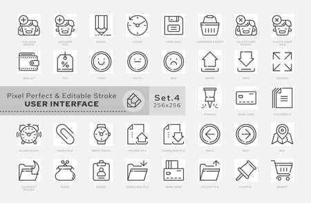 Outline icons set. Concept - User Interface. Vector. Pixel grid and editable stroke. Scaling to 64 px, 128 px. Vector.のイラスト素材