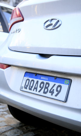 salvador, bahia / brazil - june 11, 2020: vehicle plate in the Mercosur standard is seen in the city of Salavador. *** Local Caption ***