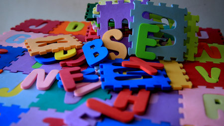 salvador, bahia / brazil - 05/16/2020: Rubberized children's EVA rug with letters of the alphabet.のeditorial素材