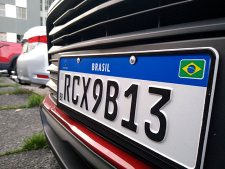 salvador, bahia, brazil - december 27, 2020: vehicle plate in the Mercosur standard is seen in the city of Salvador.のeditorial素材