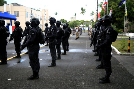 salvador, bahia, brazil - january 13, 2021: member of the Battalion of Special Operations - Bope, of the Bahia Military Police, are seen in formation at Vila Militar in the city of Salvador.のeditorial素材