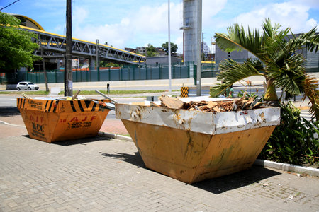 salvador, bahia, brazil - january 25, 2021: buckets to collect rubble from a construction site in the city of Salvador.のeditorial素材