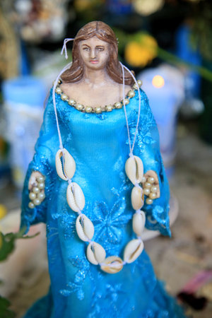 salvador, bahia, brazil - january 31, 2021: sanctuary in honor of the orisha Yemanja on the Rio Vermelho beach in the city of Salvador.のeditorial素材