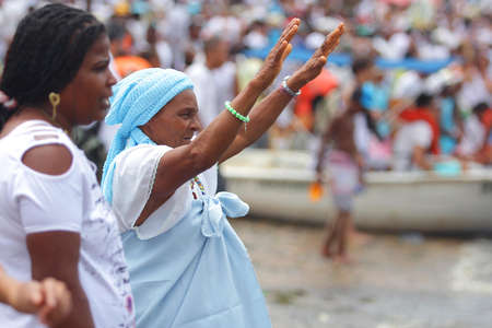 salvador, bahia, brazil - january 1, 2021: adherents of Candoble are seen during a party in honor of the orixa YemanjÃ¡ in the neighborhood of Rio Vermelho in Salvador.のeditorial素材