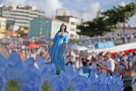 salvador, bahia, brazil - january 1, 2021: adherents of Candoble are seen during a party in honor of the orixa YemanjÃ¡ in the neighborhood of Rio Vermelho in Salvador.のeditorial素材