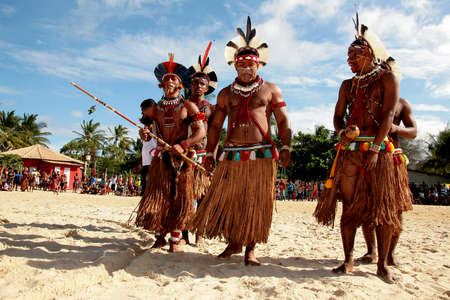 santa cruz cabralia, bahia / brazil - april 21, 2009: Pataxo Indians are seen during disputes at indigenous games in the Coroa Vermelha village in the city of Santa Cruz Cabralia.のeditorial素材