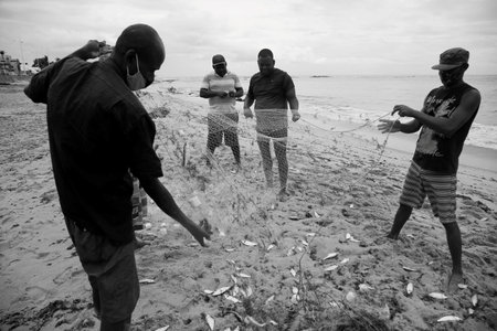 salvador, bahia, brazil - december 18, 2020: fishermen are seen during fishing with a trawl along the fishing colony on Pituba beach, in the city of Salvador.のeditorial素材