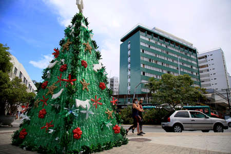 salvador, bahia, brazil - december 14, 2020: Christmas tree made from recycling of pet bottle is seen in the Barra district in the city of Salvador.のeditorial素材