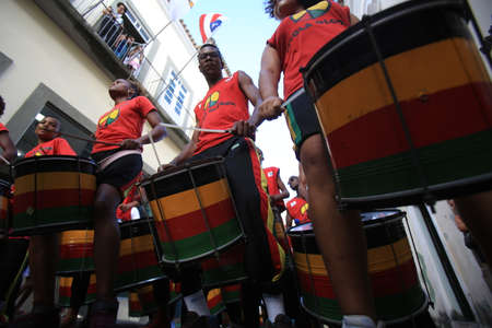 salvador, bahia / brazil - april 25, 2017: Members of the Olodum Band are seen during a presentation at Pelourinho, Historic Center in the city of Salvador.のeditorial素材