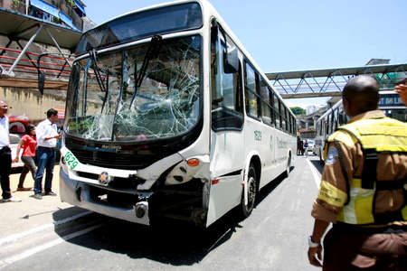 salvador, bahia / brazil - january 6, 2015: broken public transport bus windshield after collision with another vehicle in the city of Salvador.のeditorial素材