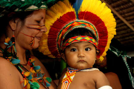 porto Seguro, bahia / brazil - april 13, 2006: Pataxo Indians are seen in the Jaqueira village in...