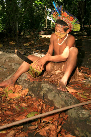 porto Seguro, bahia / brazil - april 14, 2009: Pataxo Indians are seen in the village Jaqueira in...