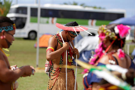 salvador, bahia / brazil - may 7, 2017: Indians from diverse Bahia tribes and ethnic groups camp in Salvador to discuss political conjuncture and charge land demarcation.のeditorial素材