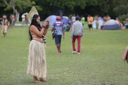 salvador, bahia / brazil - may 29, 2017: Indians from various Bahia tribes and ethnic groups camp in...