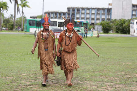 salvador, bahia / brazil - may 29, 2017: Indians from various Bahia tribes and ethnic groups camp in Salvador to discuss the political conjuncture and demand land demarcation.のeditorial素材