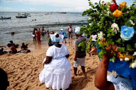 salvador, bahia / brazil - february 2, 2020: Candomble supporters and supporters greet Iemanja at a...