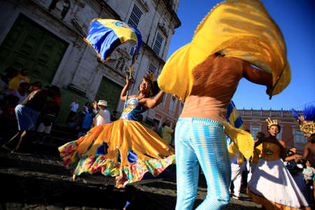 salvador, bahia / brazil - february 5, 2016: Members of Itapua United Samba School are seen during parade at Pelourinho in Salvador city carnival.のeditorial素材