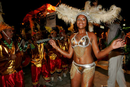 caravelas, bahia / brazil - february 13, 2010: Members of the Imperial Crown Samba School are seen...