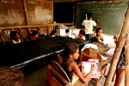 members of the Landless Movement (MST) are seen in a makeshift classroom at a social movement camp along the BR 101 highway in the city of Eunapolis.のeditorial素材