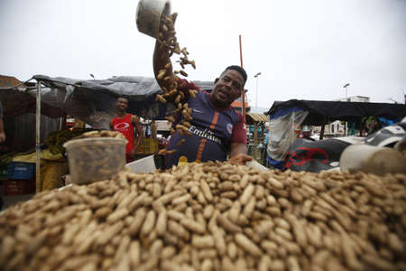 salvador, bahia / brazil - June 17, 2019: peanuts for sale at an open market in the neighborhood of Boca do Rio in the city of salvador.のeditorial素材
