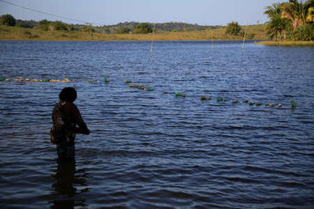 mata de sao joao, bahia brazil - september 29, 2020: a black woman is seen washing clothes at the Santa Helena dam in the region of Capa Bode, a rural area in the city of Mata de Sao Joao.のeditorial素材