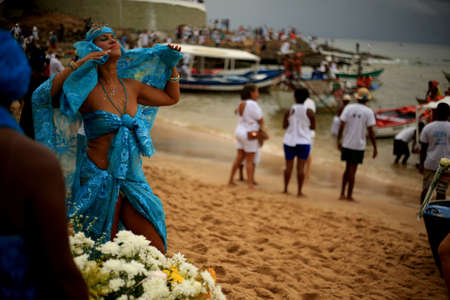 salvador, bahia / brazil - february 2, 2016: Candomble supporters and supporters greet the Yemanja orixa during a festan on the Rio Vermelho neighborhood beach in Salvador.のeditorial素材