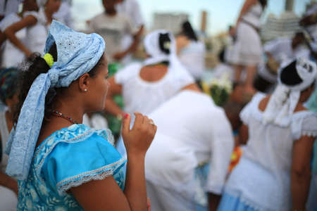 salvador, bahia / brazil - february 2, 2016: Candomble supporters and supporters greet the Yemanja orixa during a festan on the Rio Vermelho neighborhood beach in Salvador.のeditorial素材