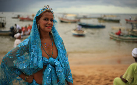 salvador, bahia / brazil - february 2, 2016: Candomble supporters and supporters greet the Yemanja...