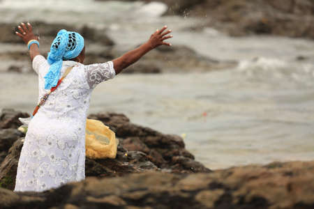 salvador, bahia / brazil - february 2, 2016: Candomble supporters and supporters greet the Yemanja orixa during a festan on the Rio Vermelho neighborhood beach in Salvador.のeditorial素材