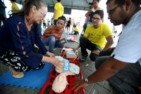 salvador, bahia / brazil - october 15, 2017: people are seen during first aid training for cardiac...