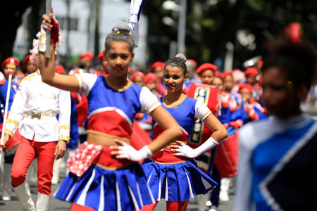 salvador, bahia / brazil - september 7, 2016: Fanfare group members are seen during the Civic-Military Parade on the date of Independence of Brazil in Salvador.のeditorial素材