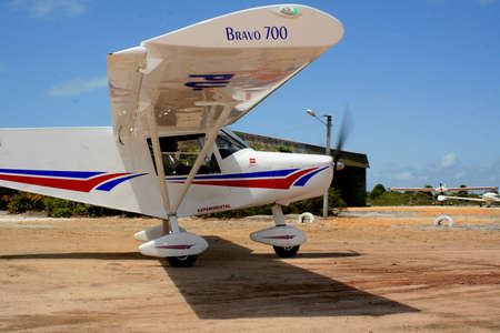 santa cruz cabrali, bahia / brazil - february 6, 2008: experimental ultralight plane is seen during...