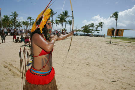 santa cruz cabralia, bahia / brazil - april 8, 2011: Pataxo Indians during the Indigenous Games of Coroa Vermelha village, in the city of Santa Cruz Cabralia.のeditorial素材