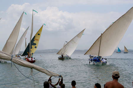 salvador, bahia / brazil - january 21, 2007: Saveiros are seen during Regatta Joao das Batas in Baia de Todos os Santos in the city of Salvador.のeditorial素材