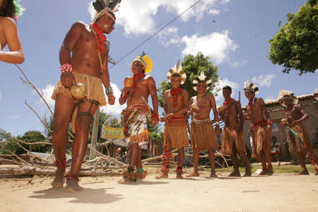 porto Seguro, bahia / brazil - december 20, 2010: Pataxo Indians are seen during a protest in a village in the rural area of the city of Porto Seguro, in southern Bahia.のeditorial素材