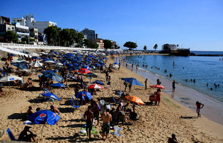 salvador, bahia / brazil - february 21, 2016: People are seen at the Porto da Barra beach in Salvador.のeditorial素材