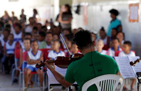 salvador, bahia / brazil - september 12, 2019: Musicians perform musical concert for students of Helena Magalhaes Municipal School, in the neighborhood of Sao Caetano in the city of Salvador.のeditorial素材