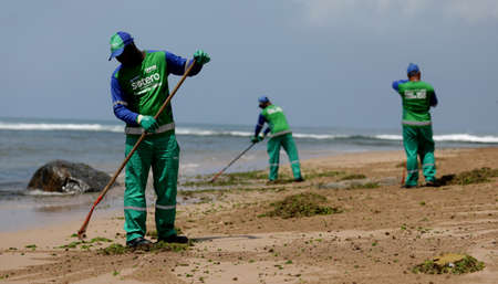 salvador, bahia / brazil - October13, 2019: Cleaning agents withdraw oil from Pituba Beach, the site was affected by oil spills at sea.のeditorial素材