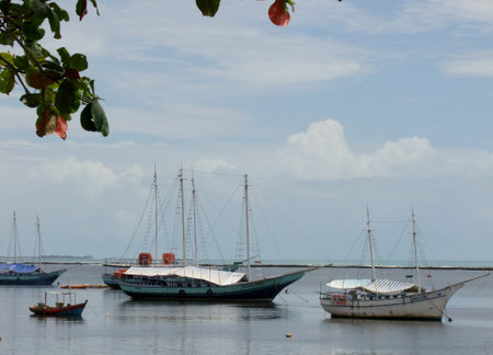 porto Seguro, bahia / brazil - june 9, 2014: schooner is seen at the mouth of the river Buranhem in the city of Porto Seguro, in southern Bahia.のeditorial素材