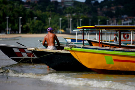 salvador, bahia / brazil - june 5, 2015: Boats used to cross the beach from Sao Tome de Paripe to Ilha de Mare in Salvador.のeditorial素材
