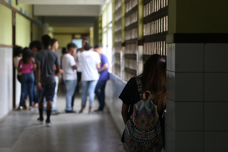 Salvador, Bahia / Brazil - October 30, 2018: Students are seen at the Colegio Odorico Tavares in the city of Salvador.のeditorial素材