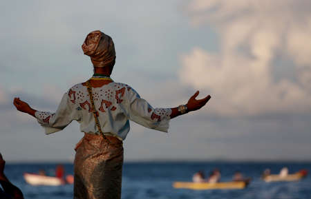 salvador, bahia / brazil - February 2, 2015: Candomble supporters and supporters greet the Yemanja orixa during a festan on the Rio Vermelho neighborhood beach in Salvador.のeditorial素材