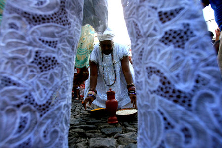 salvador, bahia / brazil - may 21, 2014: Candomble supporters are seen during protest at Pelourinho in Salvador city.のeditorial素材