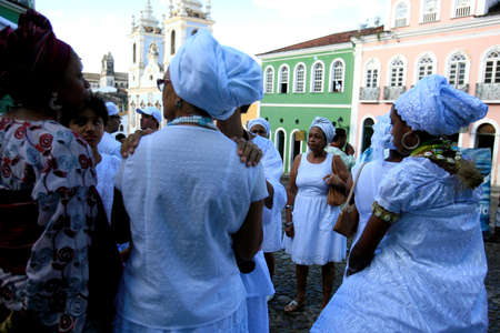 salvador, bahia / brazil - may 21, 2014: Candomble supporters are seen during protest at Pelourinho in Salvador city.のeditorial素材
